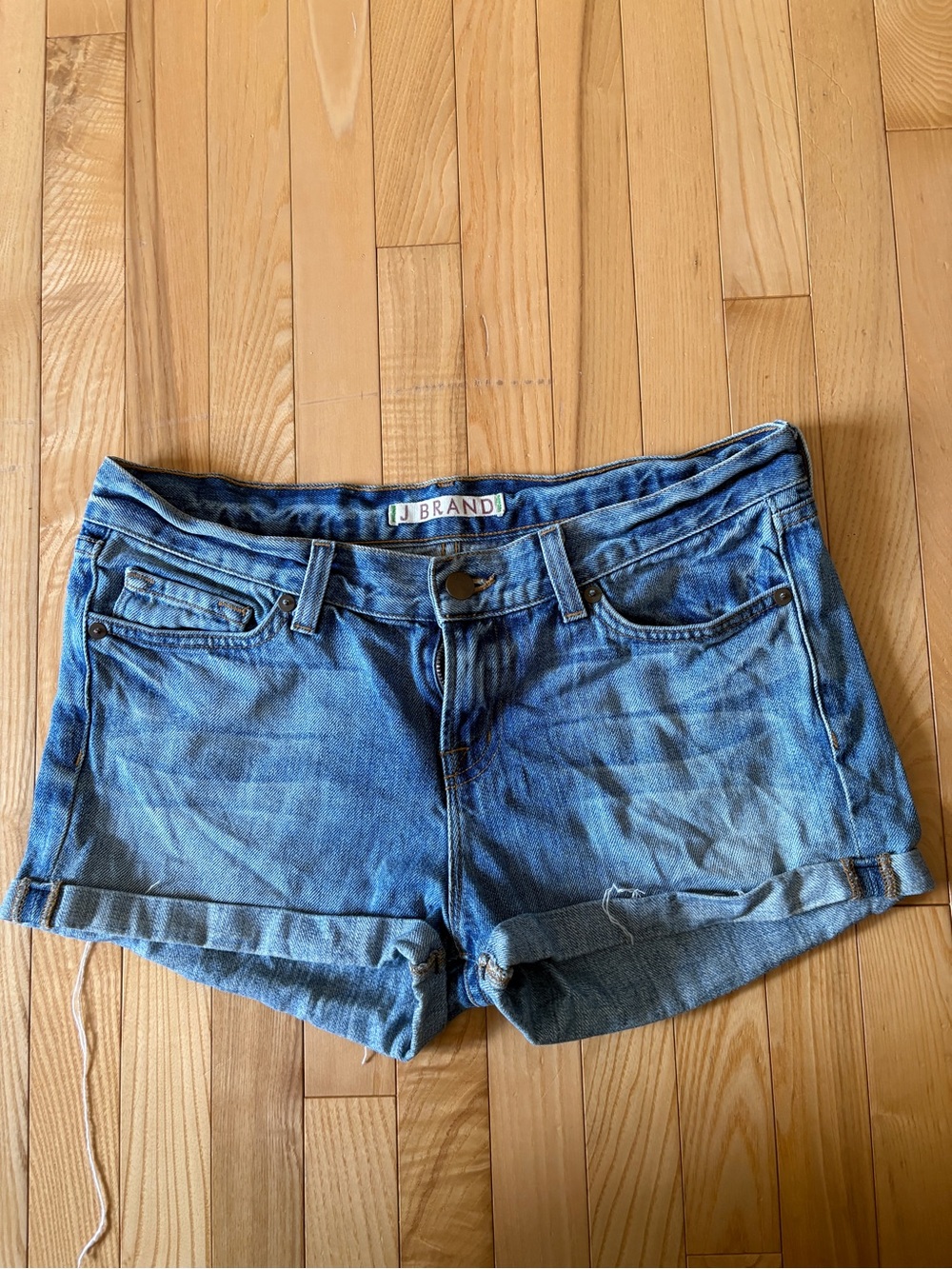 J Brand Distressed Light Blue Denim Roll-Hem Shorts